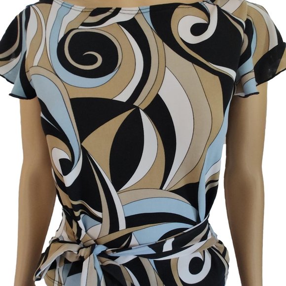 Abstract Multicolor Ruffle Belted Top M - Picture 2 of 12